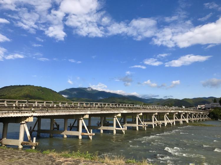 a scenery of TOGETSUKYO in Arashiyama on a very sunny, summer day