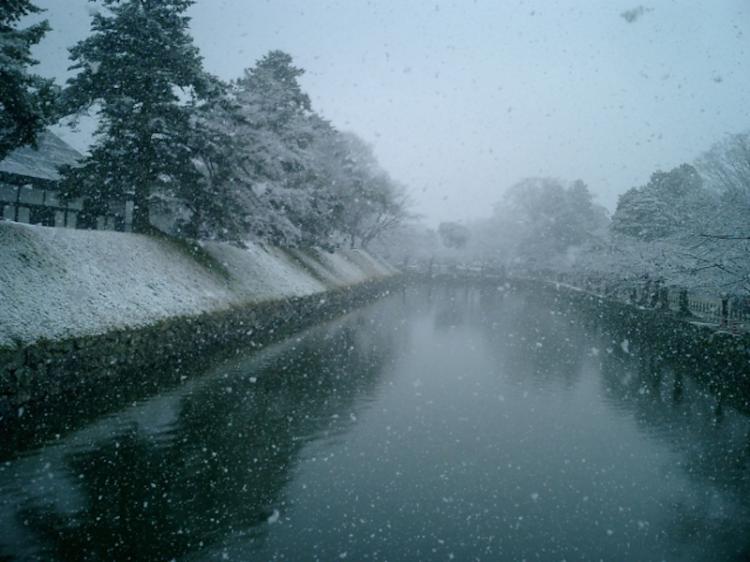Hikone Castle moat covered with snow in Winter