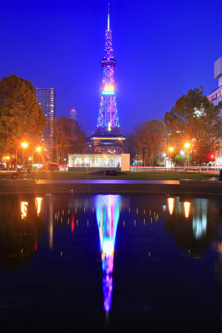 Beautiful blight Sapporo TV Tower seen from Odori park at night
