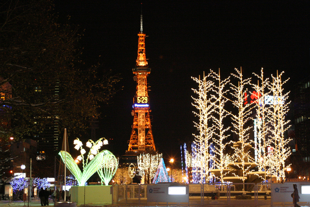 Sapporo TV Tower and illumination seen from Odori park in Winter